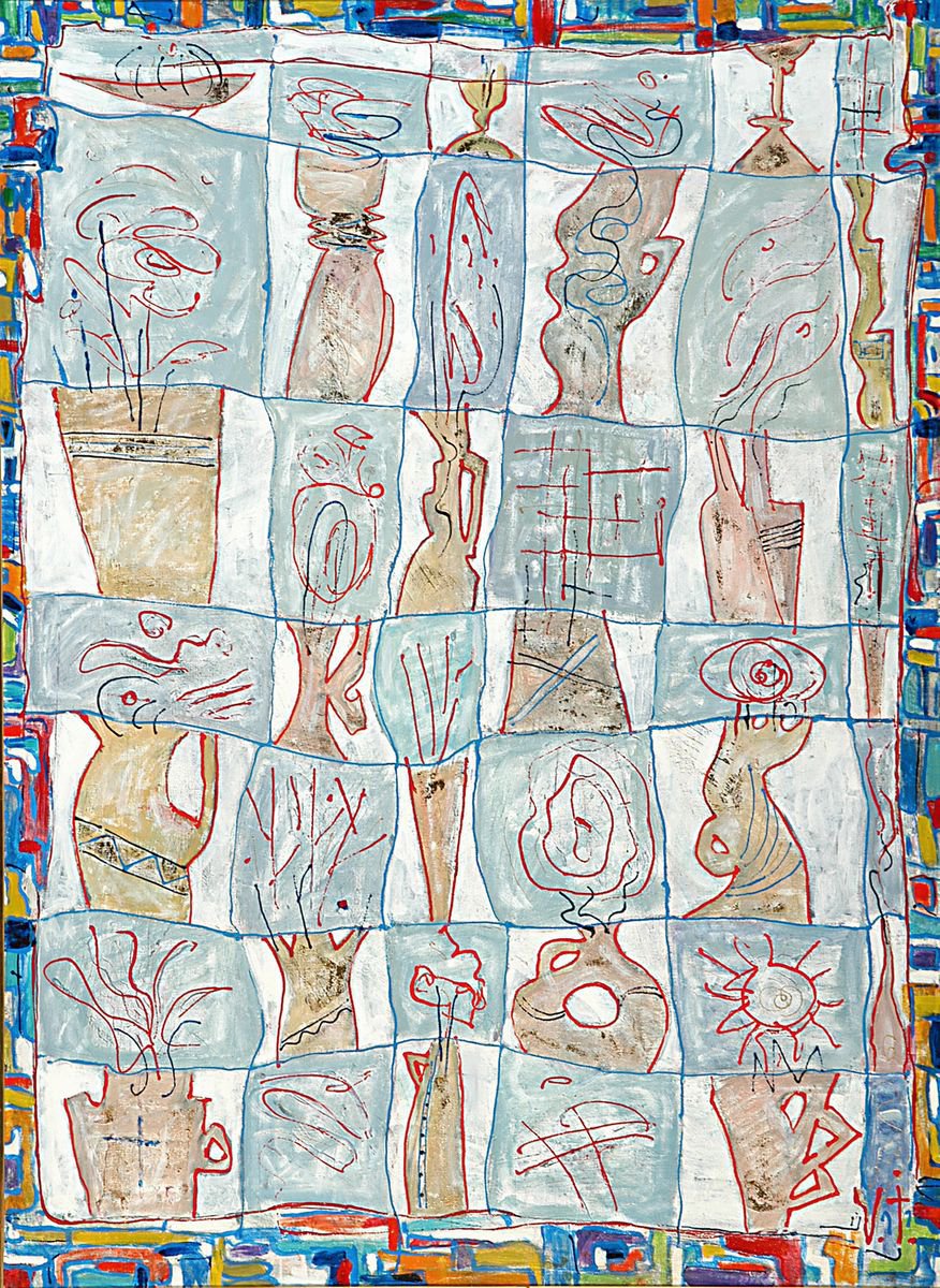 Geometric Abstract Acrylic Painting By Viktor Ivaniv, 43 X 59", Signs, Original Artwork