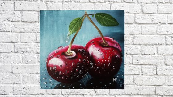 cherries twins. original still life oil painting, gift ide art for home