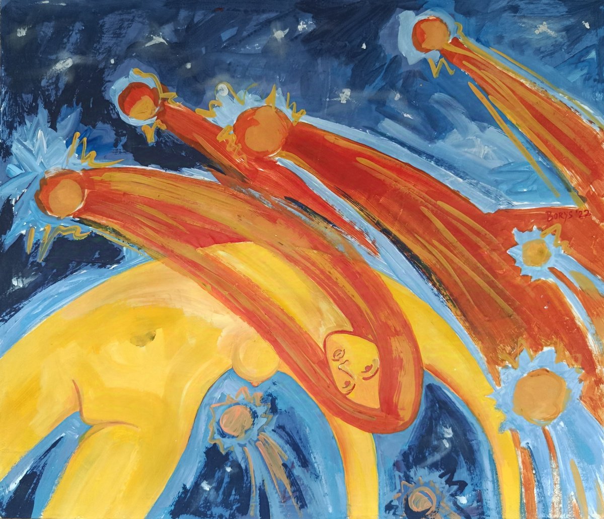 Expressive Portrait Acrylic Painting By Tetiana Borys, 16 X 14", A Girl In The Stars, Original Artwork