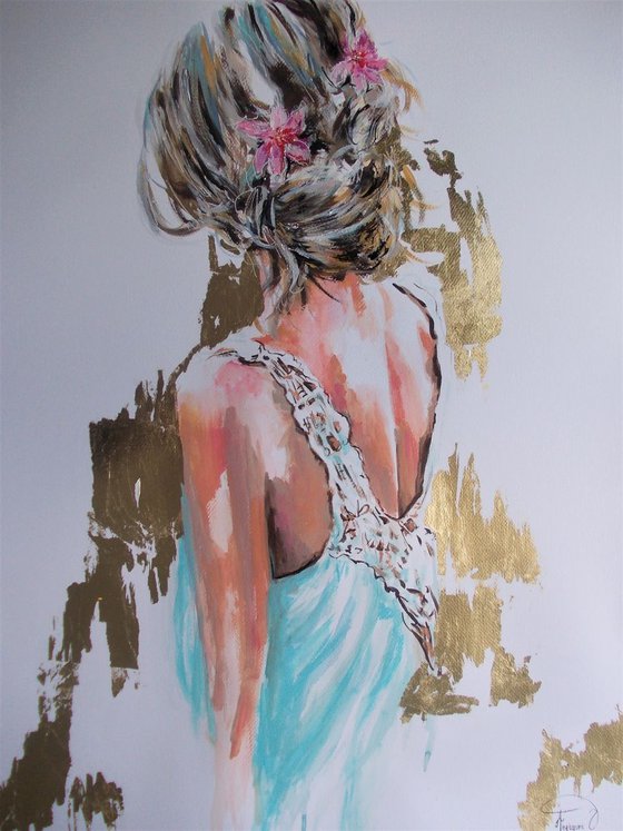 Flowers in Her Hair-Woman Portrait-Watercolor,Mixed Media On Paper
