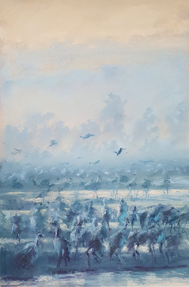 Impressionistic Landscape Painting By Elena Genkin, 12 X 18, Sunrise. Migrating Birds At Ha-Hula Valley, Original Artwork