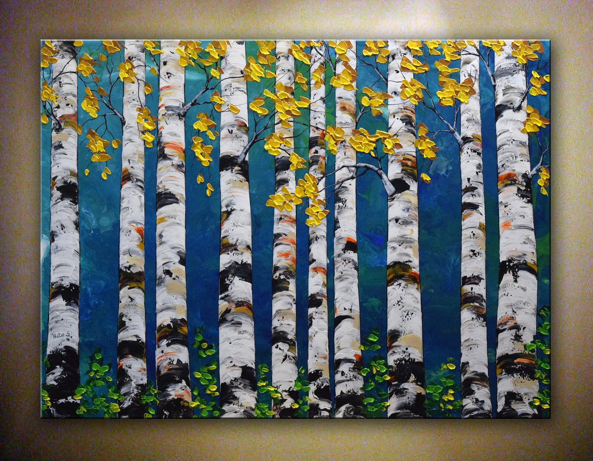 Forest - Birch Forest Painting 48 x 36 by Nataliya Stupak
