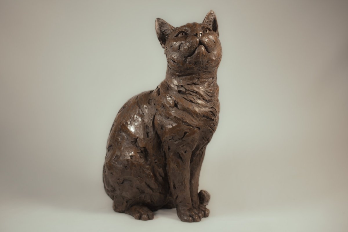 Animal Bronze Sculpture By Tanya Russell, 9 X 15", Sitting Cat Br, Original Artwork