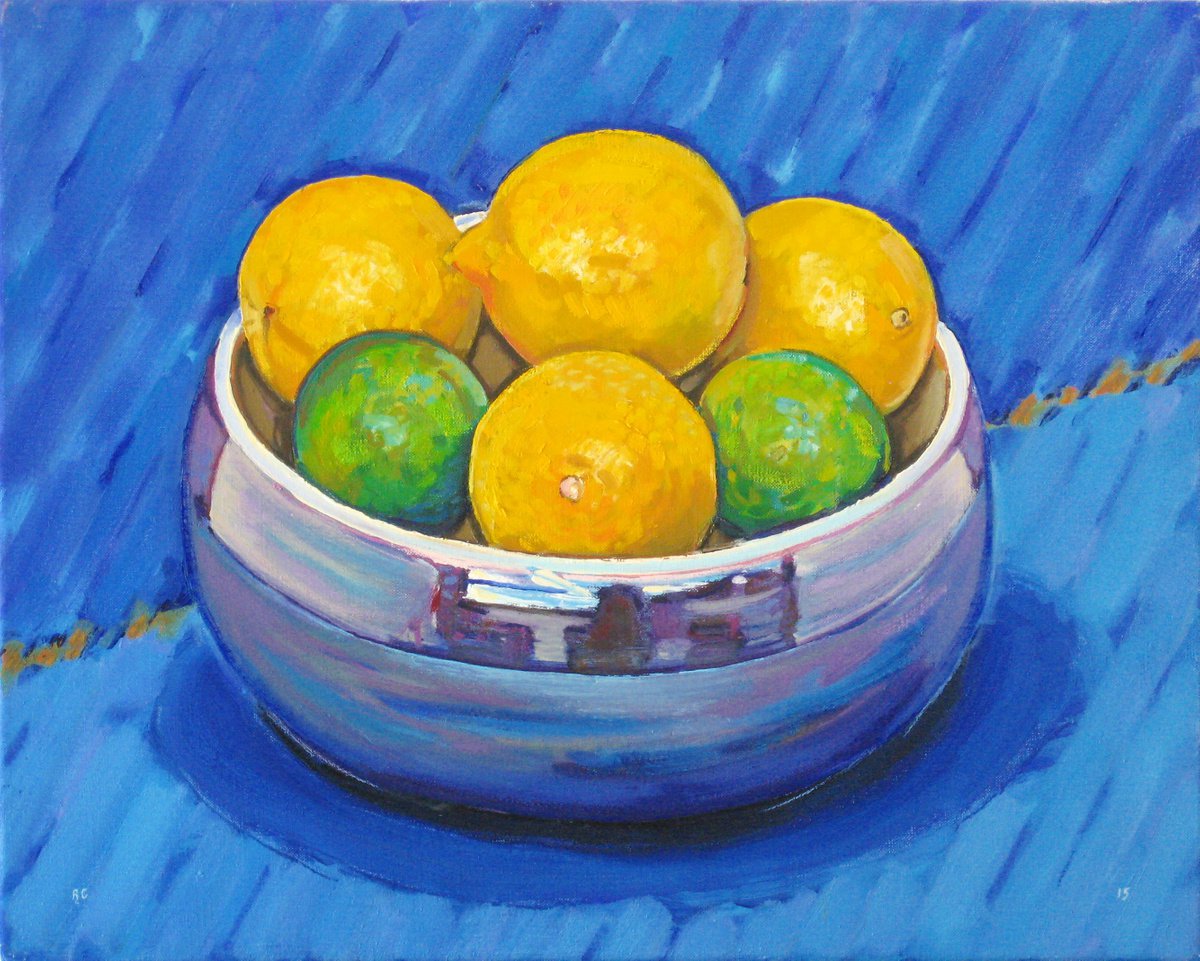 Still Life Oil Painting By Richard Gibson, 20 X 16", Lemons With A Blue Background, Original Artwork