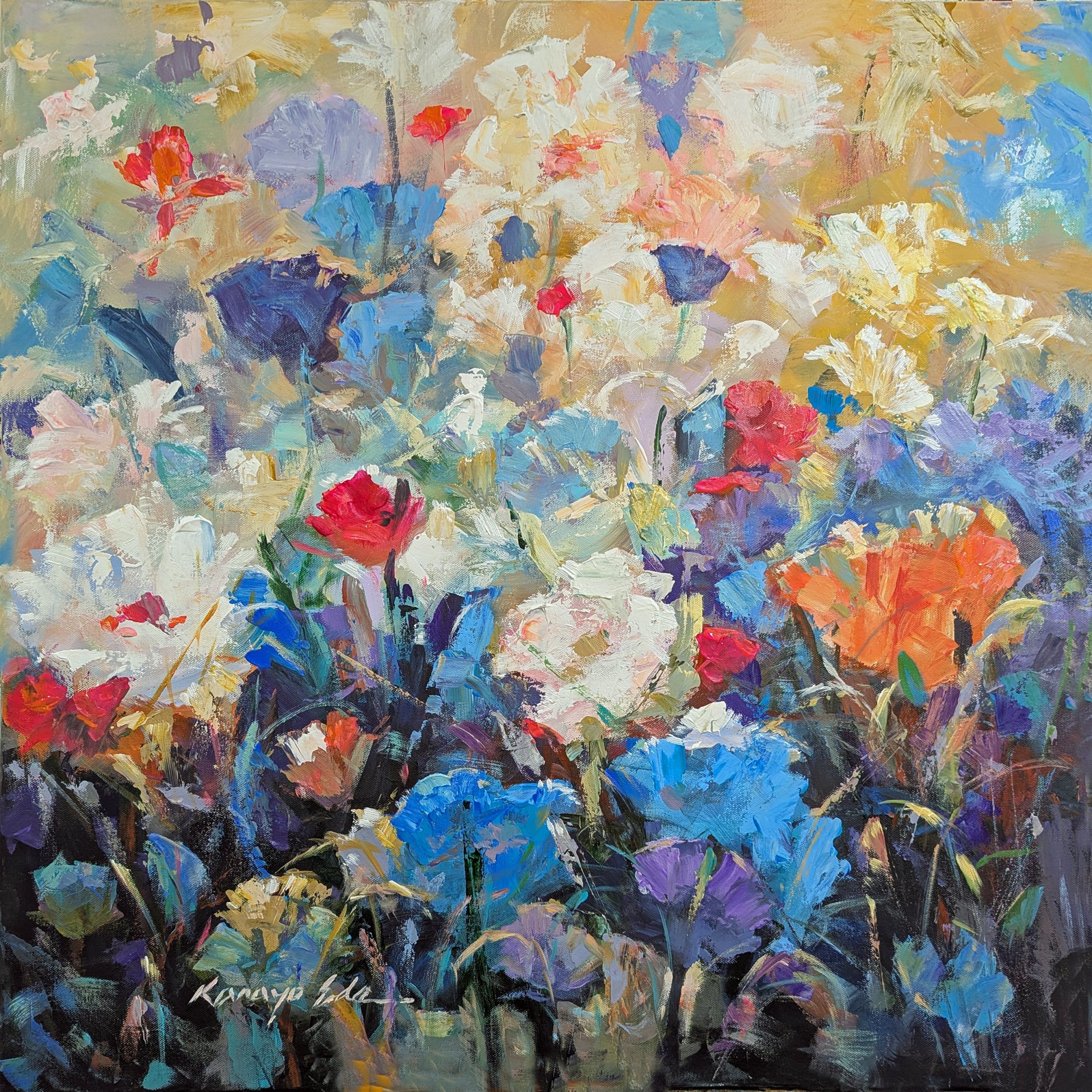 Impressionistic Botanical Acrylic Painting By Kanayo Ede, 30 X 30", Spring Flowers, Original Artwork