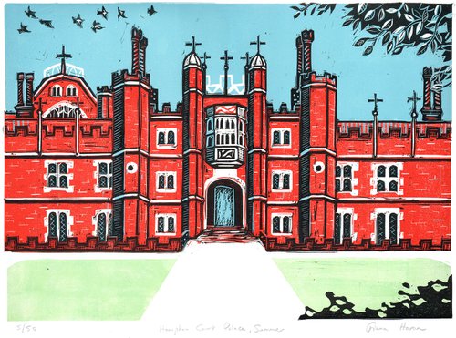 Hampton Court Palace, London, summer. Large Limited Edition linocut by Fiona Horan