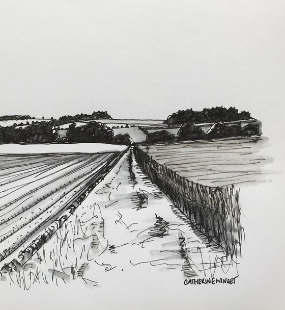 Norfolk Farm Track - Traditional Landscape Drawing Pen Ink