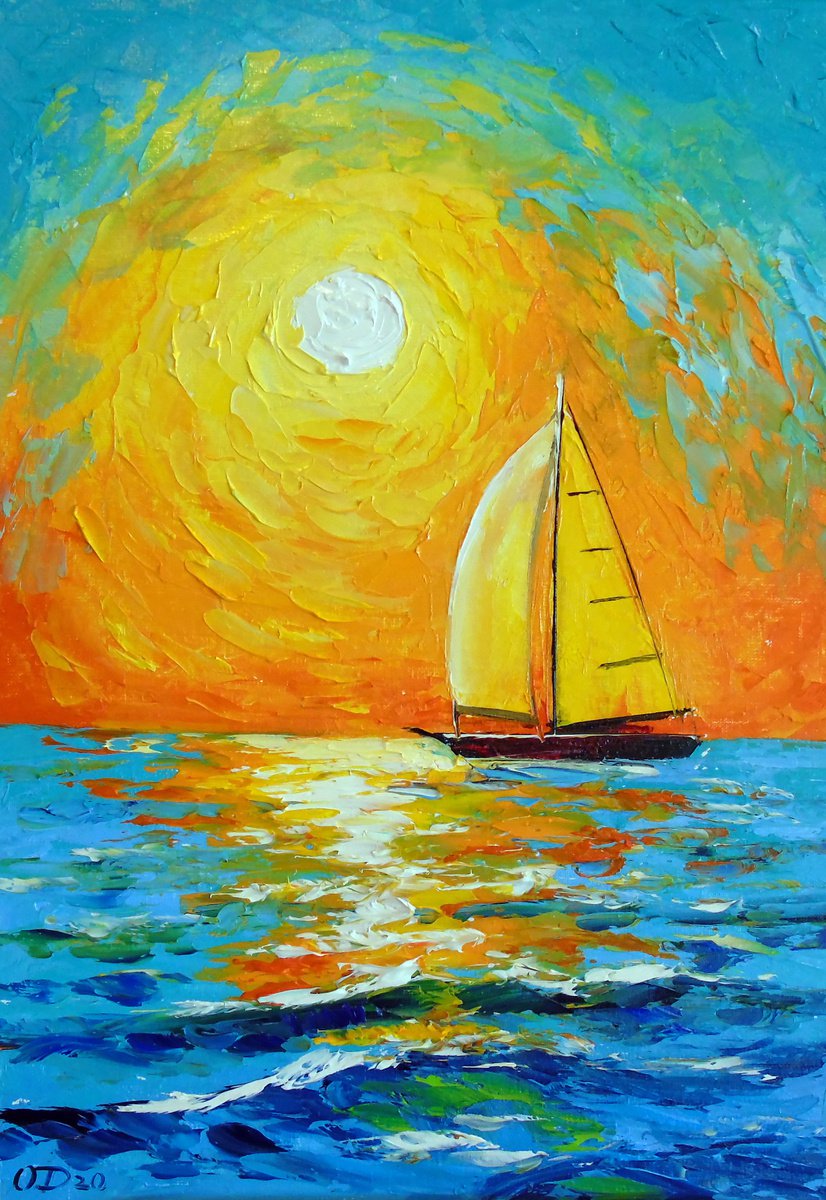 Impressionistic Landscape Oil Painting By Olha Darchuk, 10 X 14", Morning Sailboat, Original Artwork
