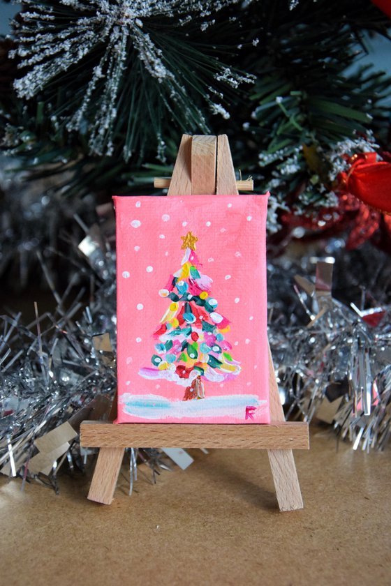 Christmas tree original mini acrylic painting on canvas, New Year pine tree picture on easel