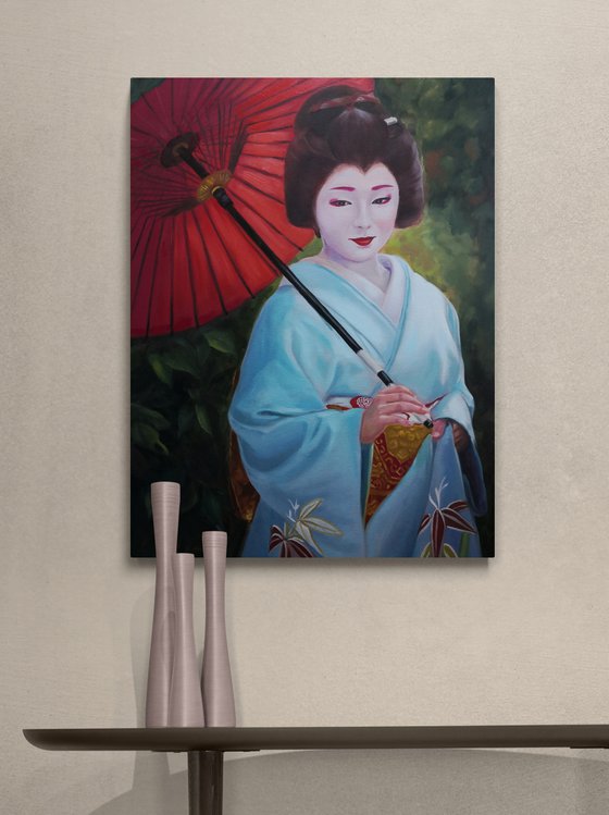 Geisha in kimono with red umbrella, portrait number 10