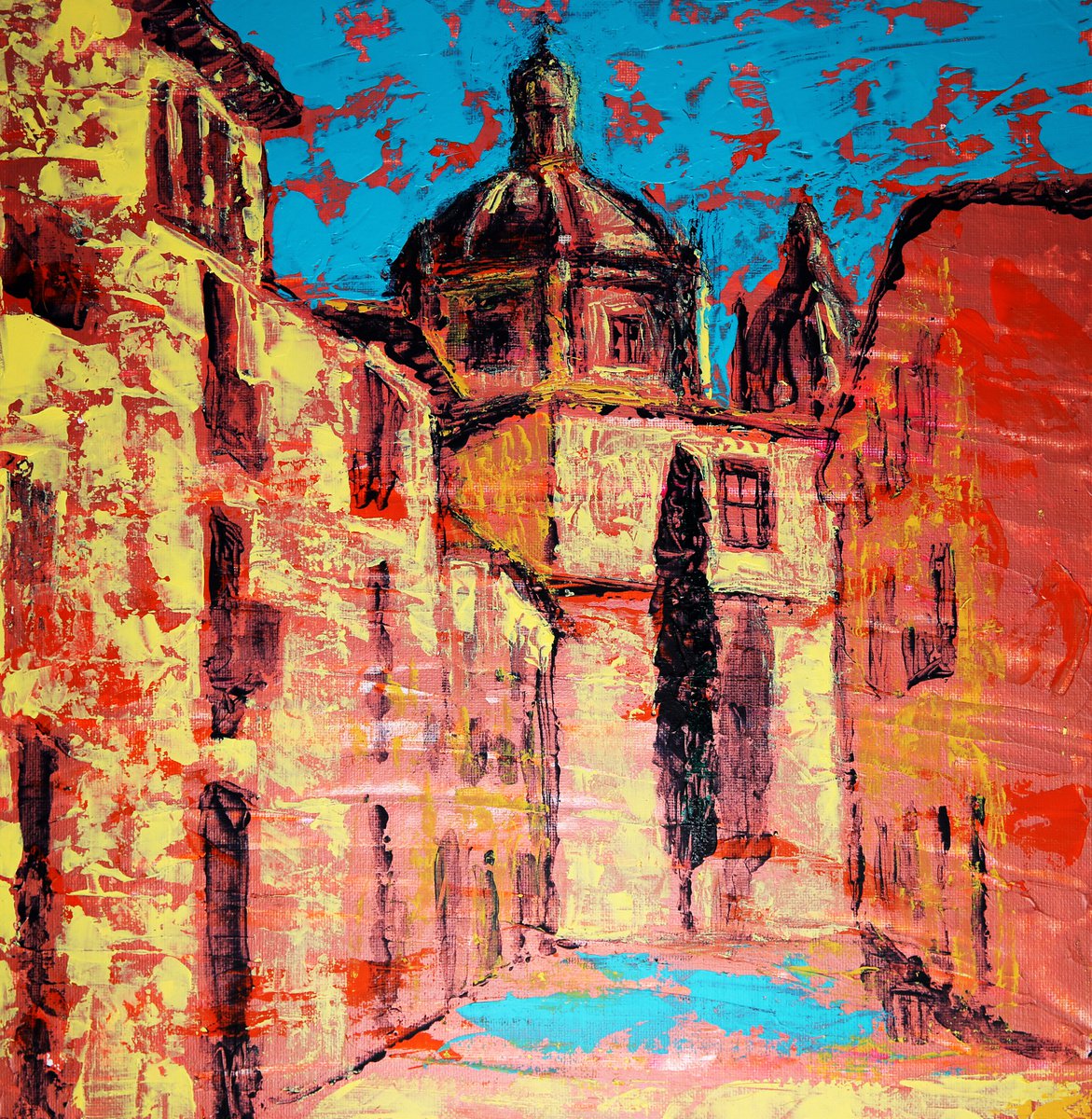 Impressionistic Cityscapes Acrylic Painting By Denys Kuvaiev, 18 X 18, Salamanca Old City, Original Artwork