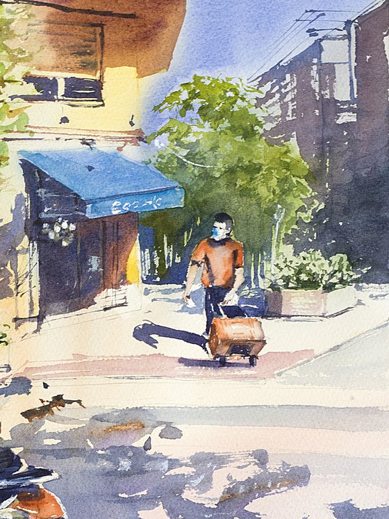 Madrid. Sunny day in pandemic times. Street scene with moto and mask. Big format watercolor urban landscape