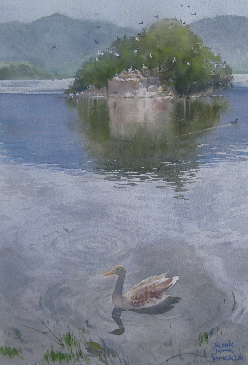 Impressionistic Landscape Watercolour By Bhargavkumar Kulkarni, 12 X 17, Lake View,Jaipur, Original Artwork