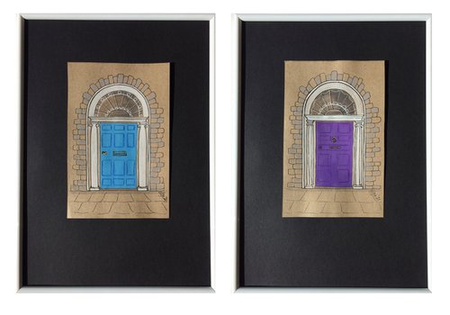 Violet and azure doors - Set of 2 architecture mixed media drawings in frames by Olga Ivanova