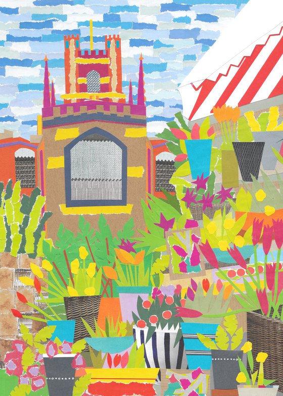 Cambridge Market Square Flower Stall hand-cut collage using recycled papers