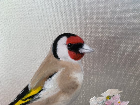 Goldfinch and Cherry Blossom on Silver