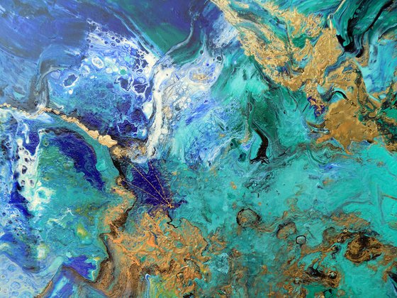 Modern abstract art blue green gold metallic painting ocean colors - Summer Holidays