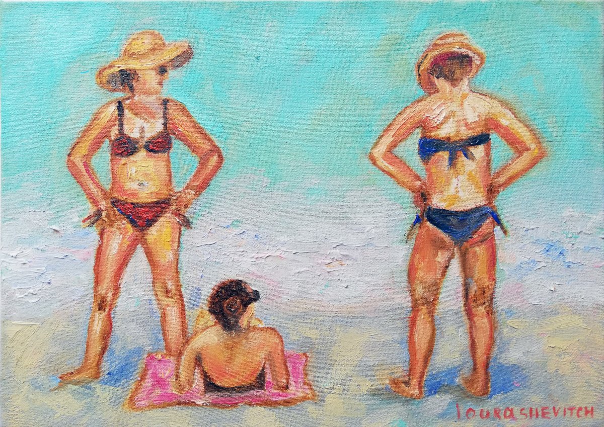 Impressionistic Portrait Oil Painting By Katia Ricci, 9 X 6", Three Women Sunbathing, Original Artwork