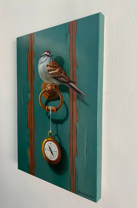 Sparrow with clock (24x35cm, oil painting, ready to hang)