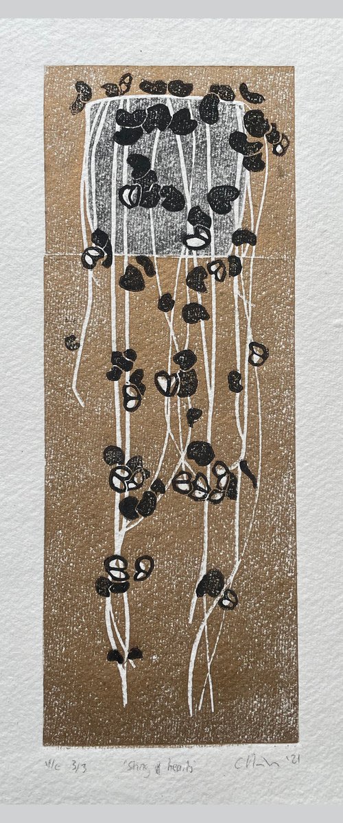 String of Hearts - House Plant Nature Linocut Print by C Staunton