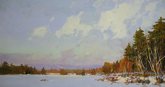 Lake in New Hampshire, oil painting, One of a kind, Signed, Handmade artwork