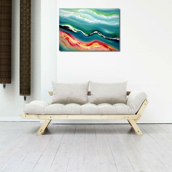 Deep blue river - 70x50 cm,  Original abstract painting, oil on canvas