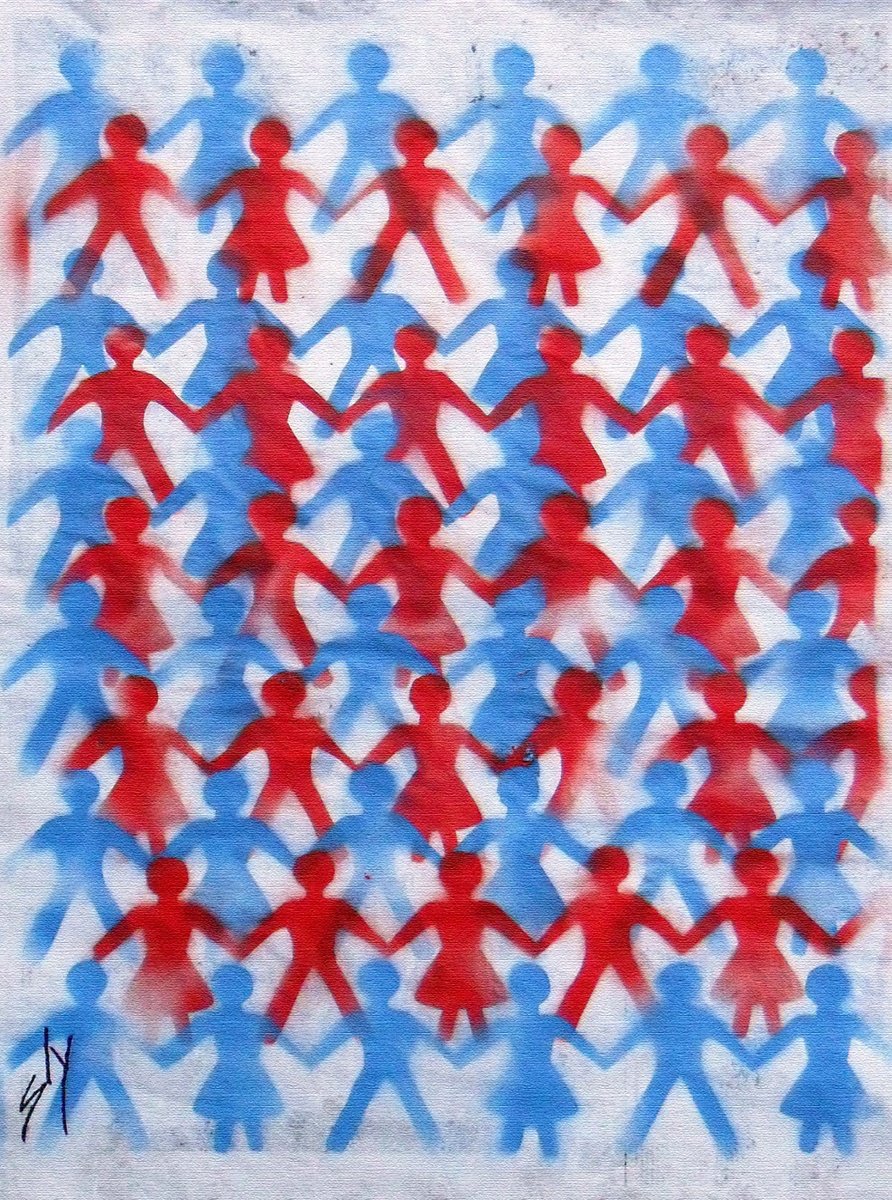 Urban And Pop Abstract Painting By Juan Sly, 23 X 30", Girls And Boys (Bc)., Original Artwork