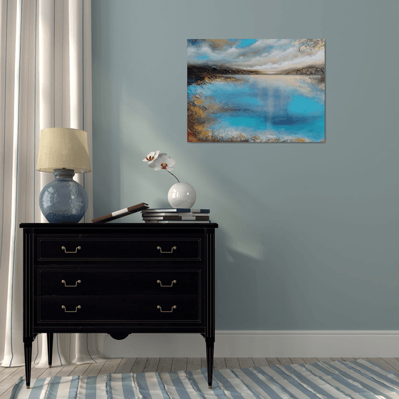 A large semi-abstract beautiful structured mixed media painting of a seascape with the sunrise "A new day" from "Silence" series