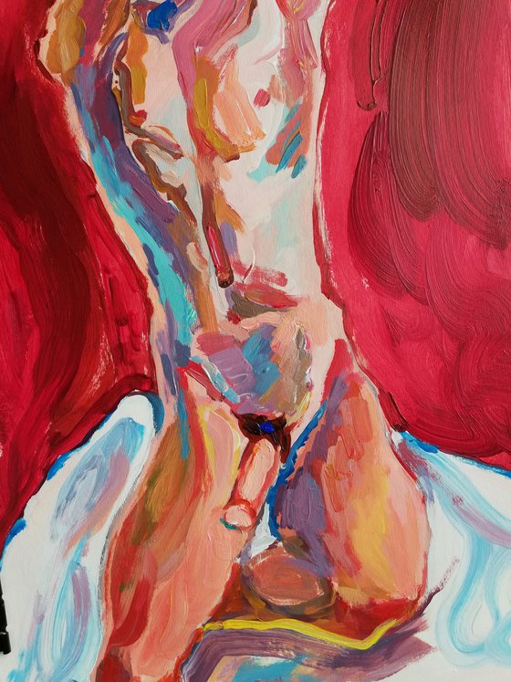 Male Nude in Red Interior