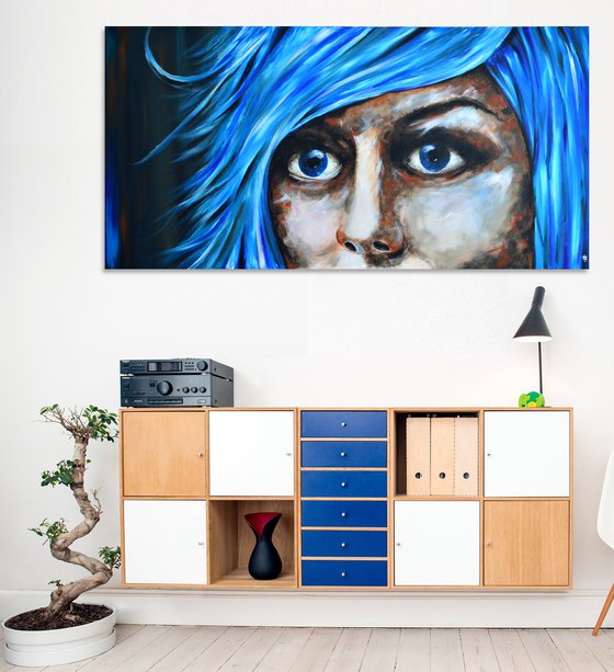 Blue Fear - XXL Original New Contemporary Art Painting Portrait on Large Canvas Ready to Hang