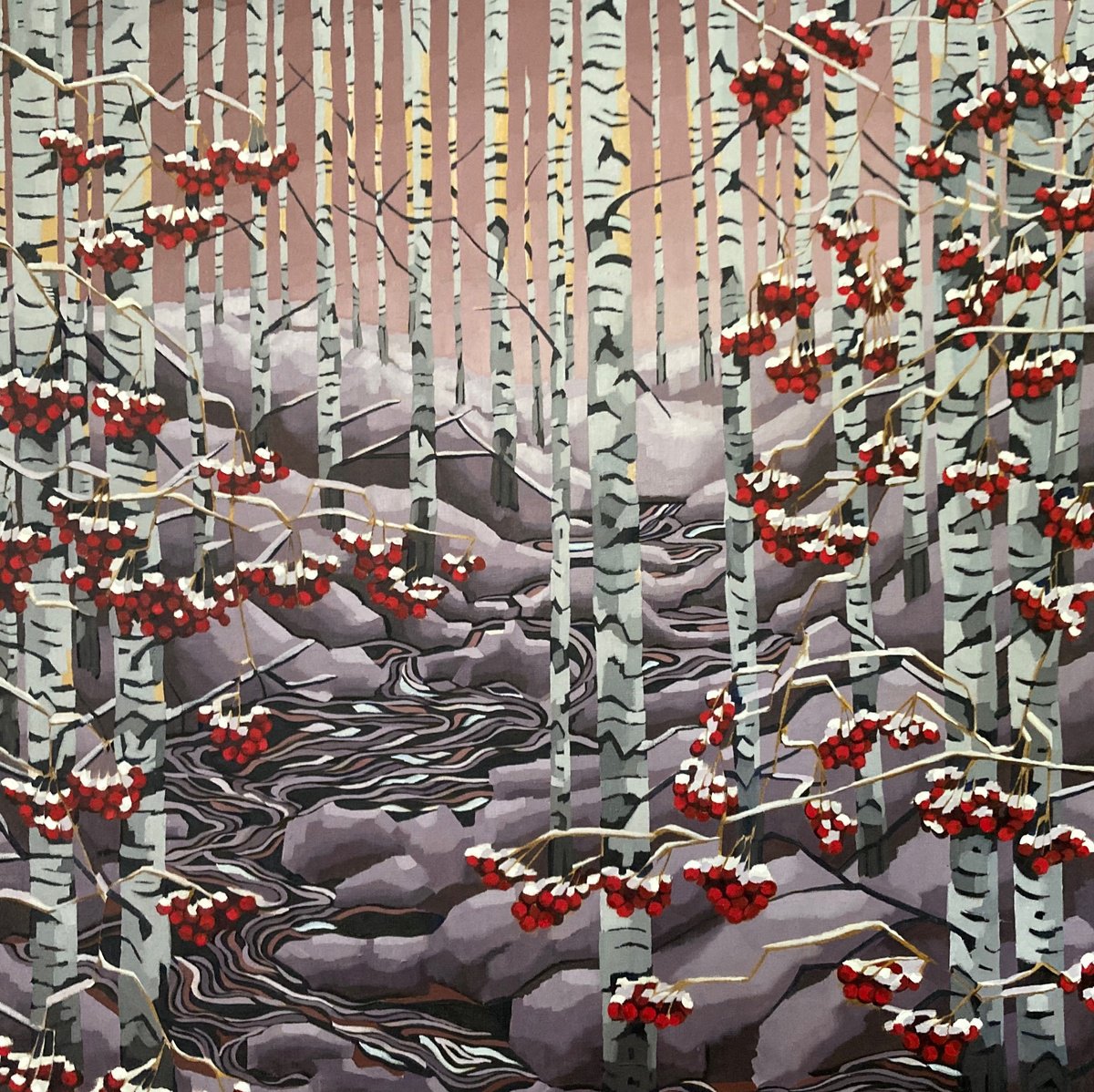 Expressive Landscape Oil Painting By Tarja Laine, 35 X 35", Frost Rowan, Original Artwork