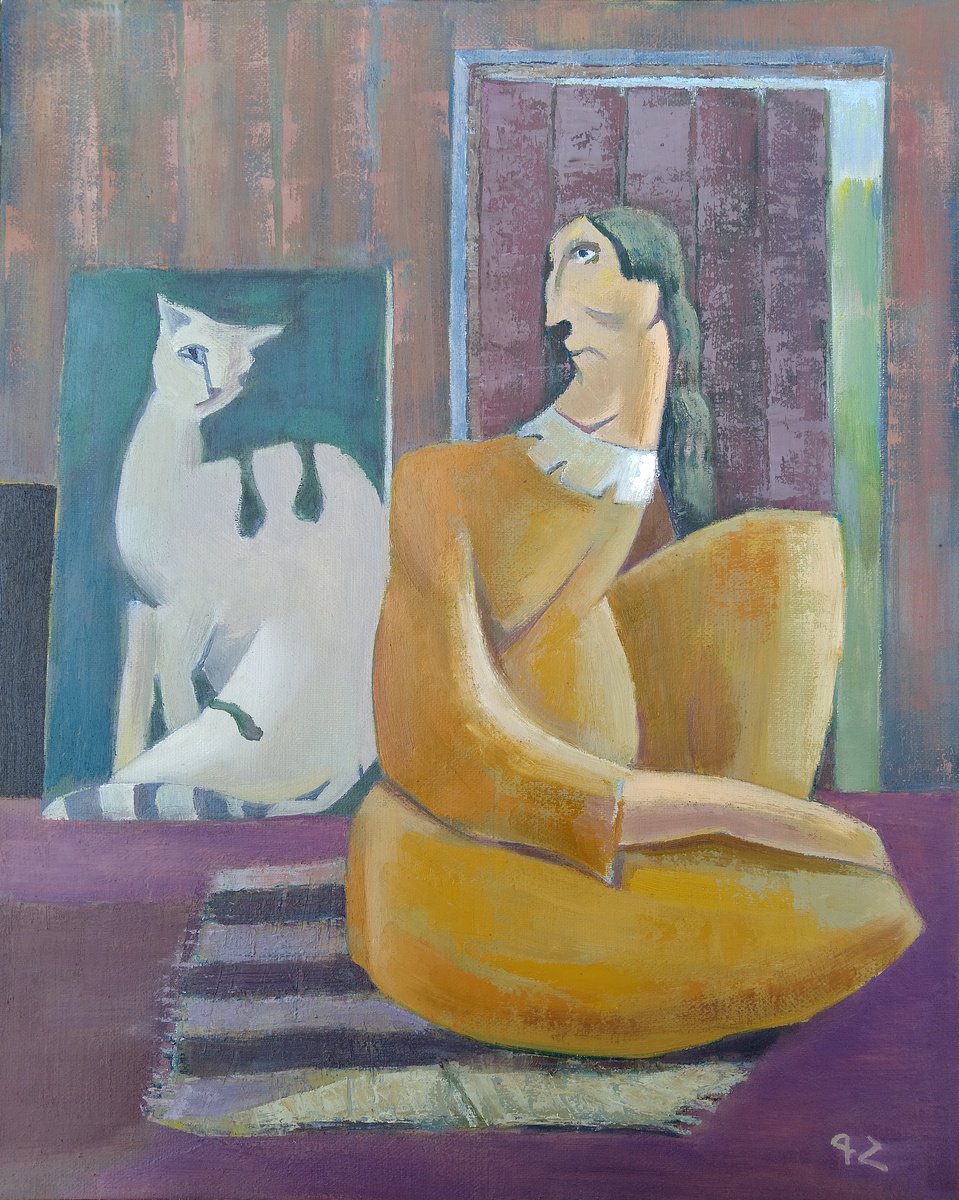 Naive Portrait Oil Painting By Gegham Hunanyan, 16 X 20, In The Basement, Original Artwork