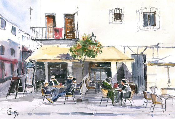 Cordoba old town 2. Original watercolor. Small medium size travel spain terrace urban street trip winter white impressionistic