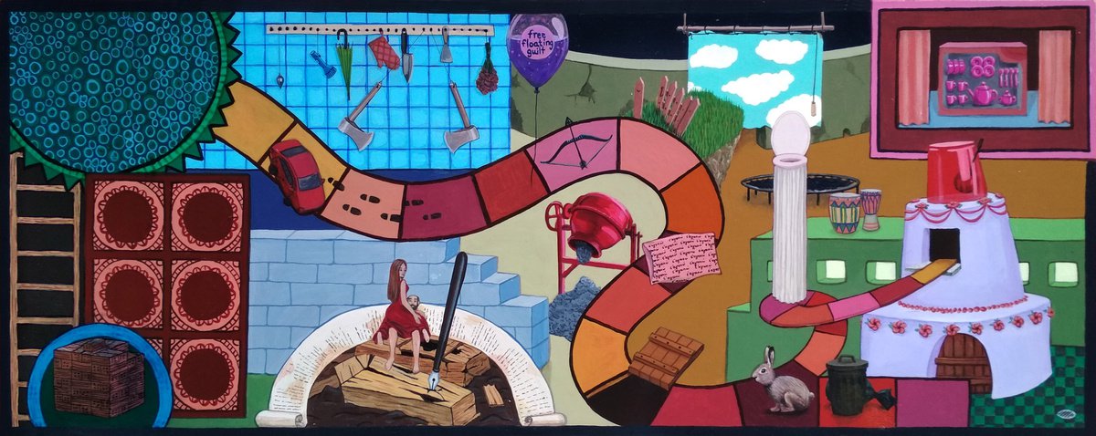 Surrealistic Cityscapes Acrylic Painting By Andromachi Giannopoulou, 21 X 8, Board Game, Original Artwork