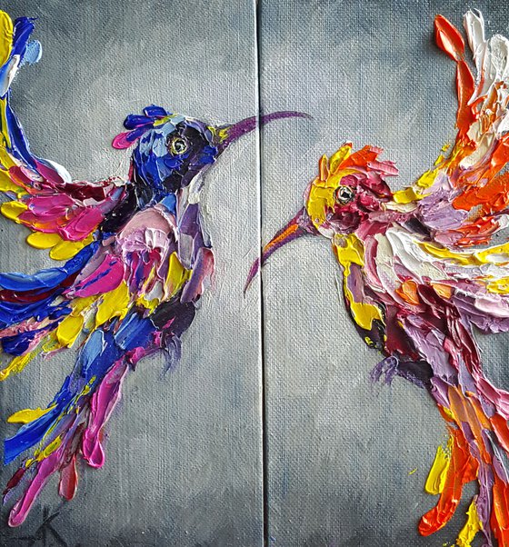 On distance - oil painting, hummingbird, birds, animals, art bird, Impressionism, palette knife, gift.