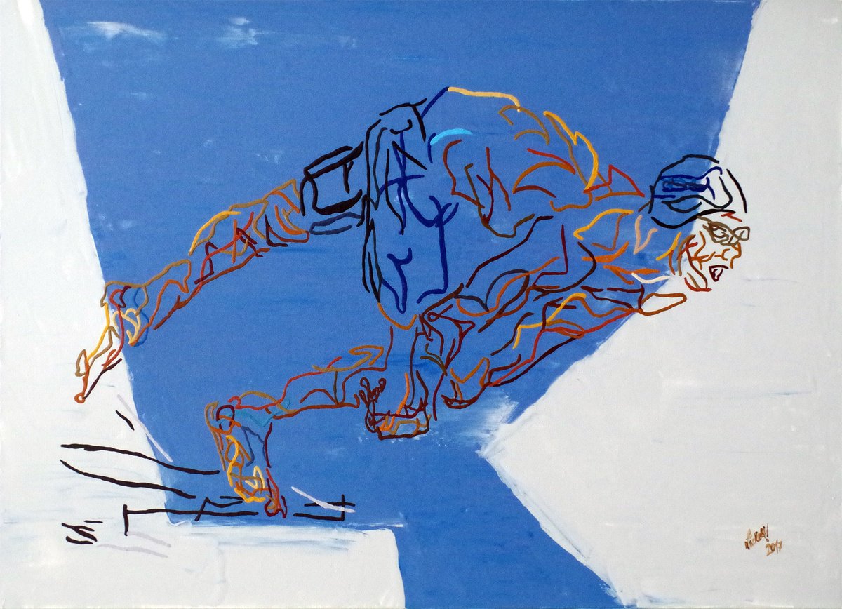 Expressive Portrait Acrylic Painting By Uli Lachelt, 49 X 35", Swimmer On Starting Block, Original Artwork