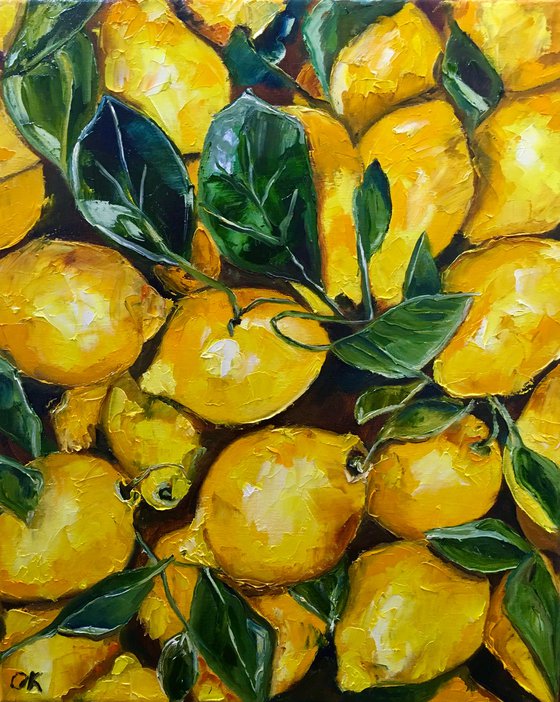 Lemons, oil painting, still life. Palette knife painting on canvas.