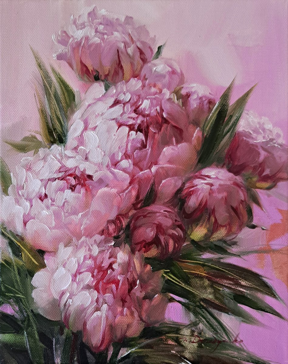 Impressionistic Botanical Oil Painting By Nataly Derevyanko, 10 X 12", Peony Pink, Original Artwork