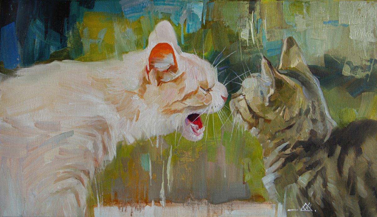Impressionistic Animal Oil Painting By Valentin, 28 X 16", Serious Conversation, Original Artwork