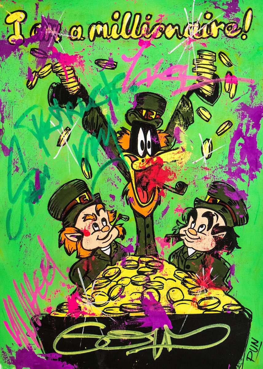 Cartoon Portrait Acrylic Painting By Carlos Pun Art, 20 X 28, San Patrick Ft. Duffy Duck, Original Artwork