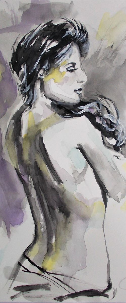 Study  - Nude woman Watercolor Painting on Paper by Antigoni Tziora