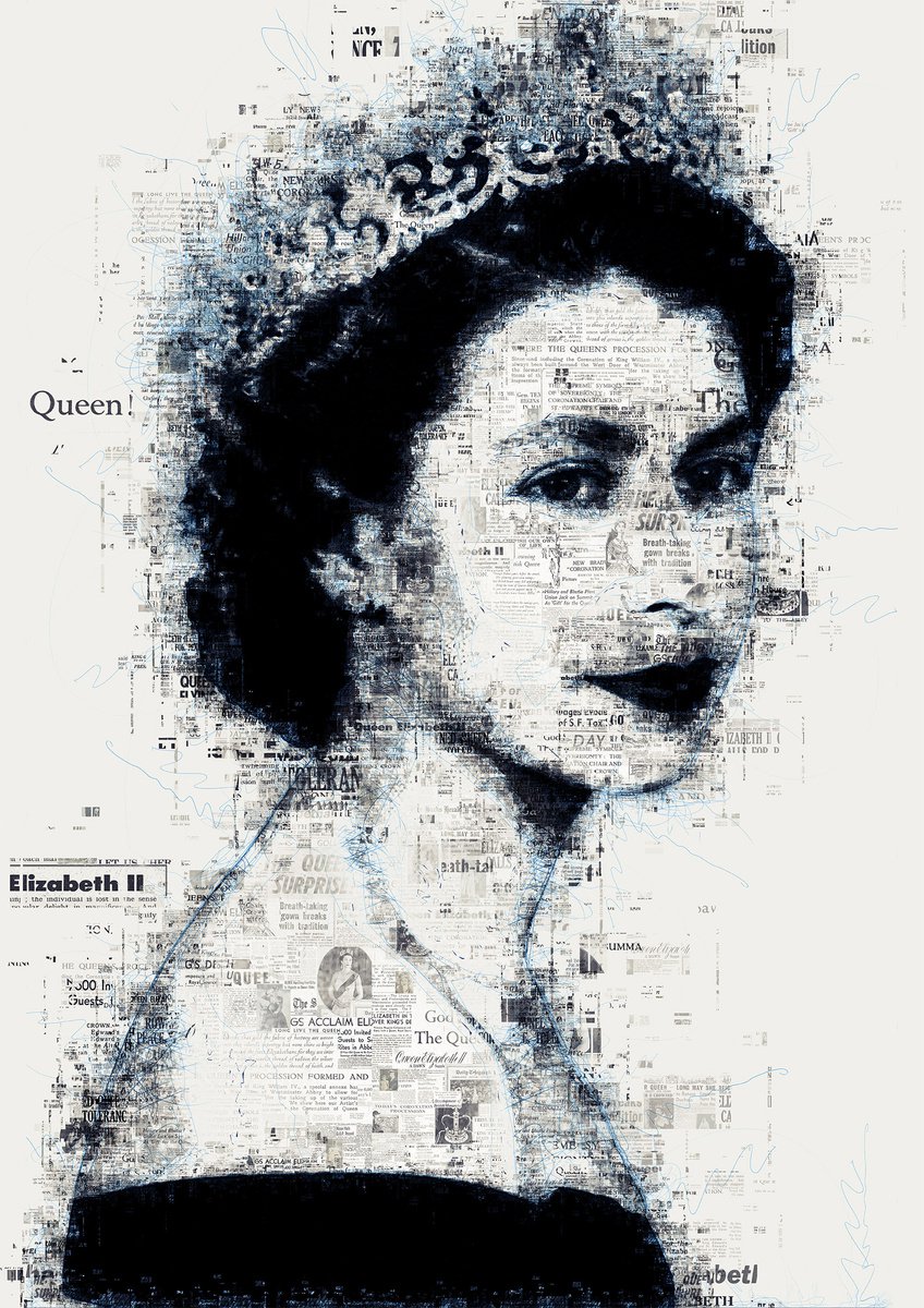 Queen Elizabeth II - Coronation Jubilee Newspapers Collage Blue Pen Drawing by Jakub DK - JAKUB D KRZEWNIAK
