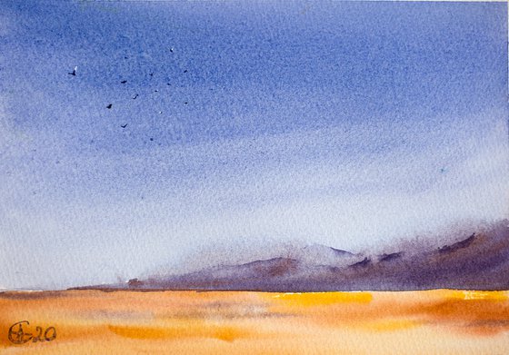 Spanish autumn fields with moody sky. Small watercolor painting landscape sky impressionistic nature blue sky highway road Spain Travel trip yellow