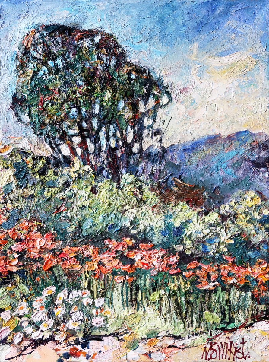 Impressionistic Landscape Oil Painting By Nikifor Swiristuhin, 12 X 16", In The Garden., Original Artwork