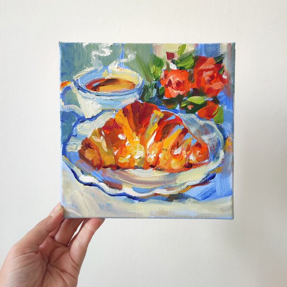 Croissant and Coffee. Oil Painting.