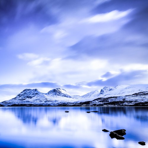 Assynt Blues - Blue and White  - Snow and Ice - Winter in the Scottish Highlands by Lynne Douglas