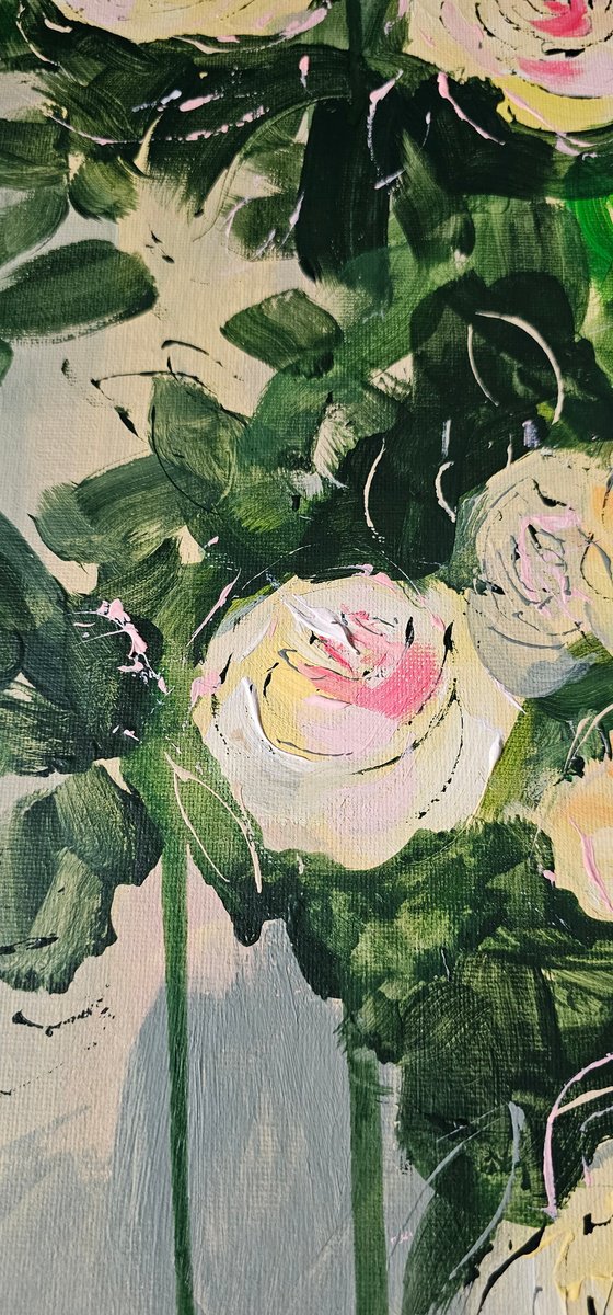 Blooming abstract rose garden in pale yellow