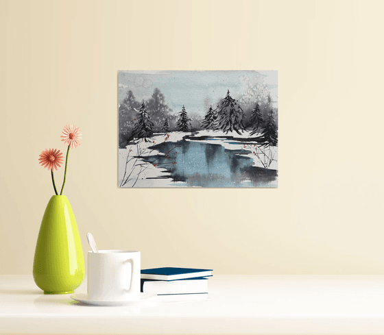 Winter day River in the forest