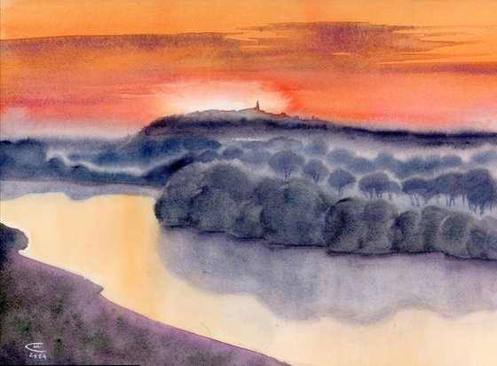 Vue de Champtoceaux à l'aube