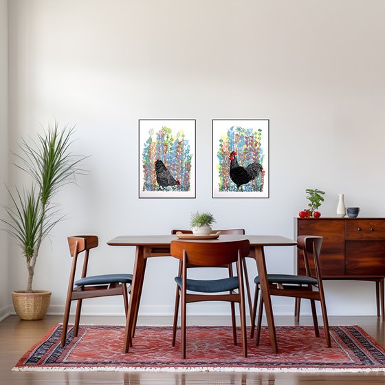 Rooster and Hen print set